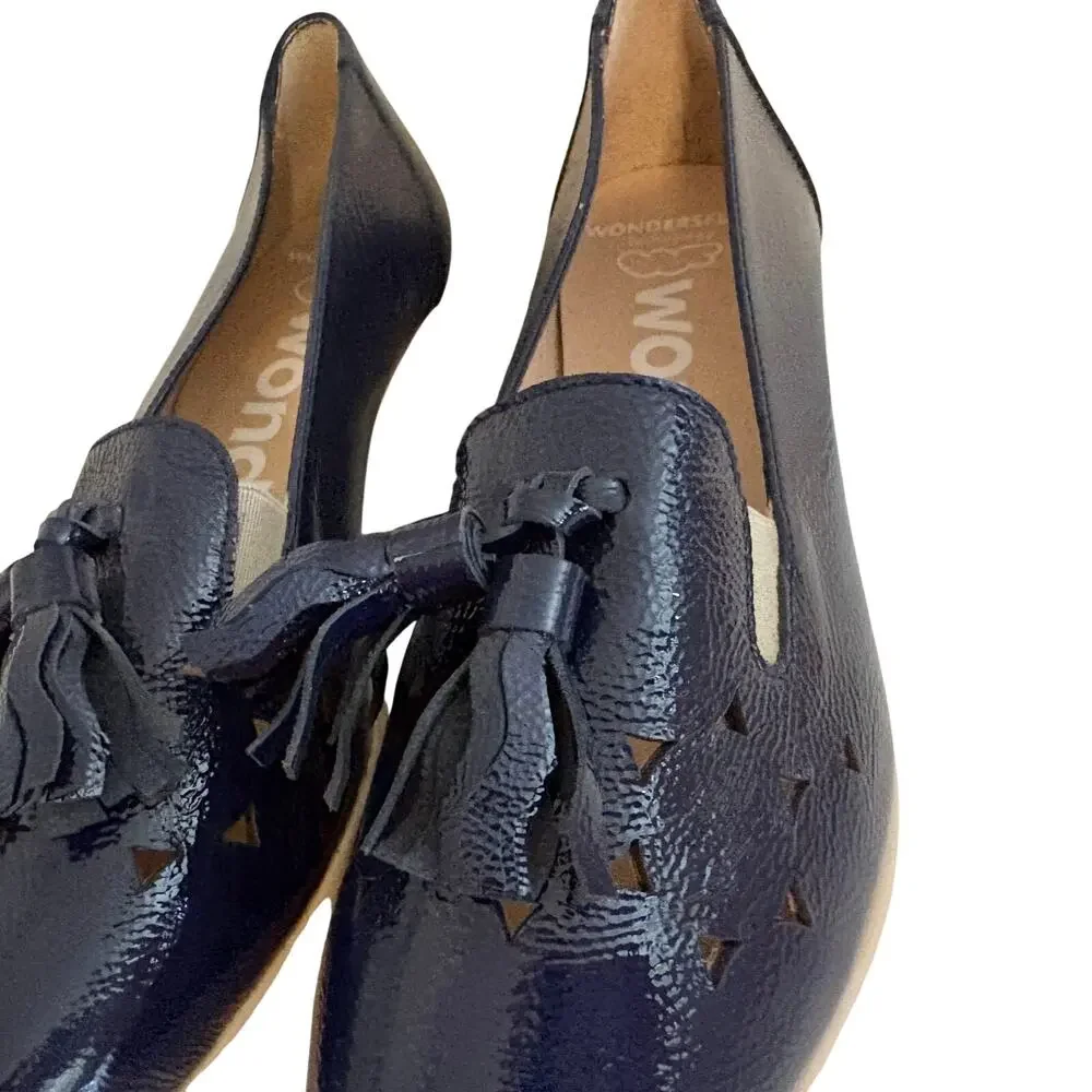 Wonders Spain Textured Laser Cut Patent Leather Tasseled Wedge Loafers Navy Blue
